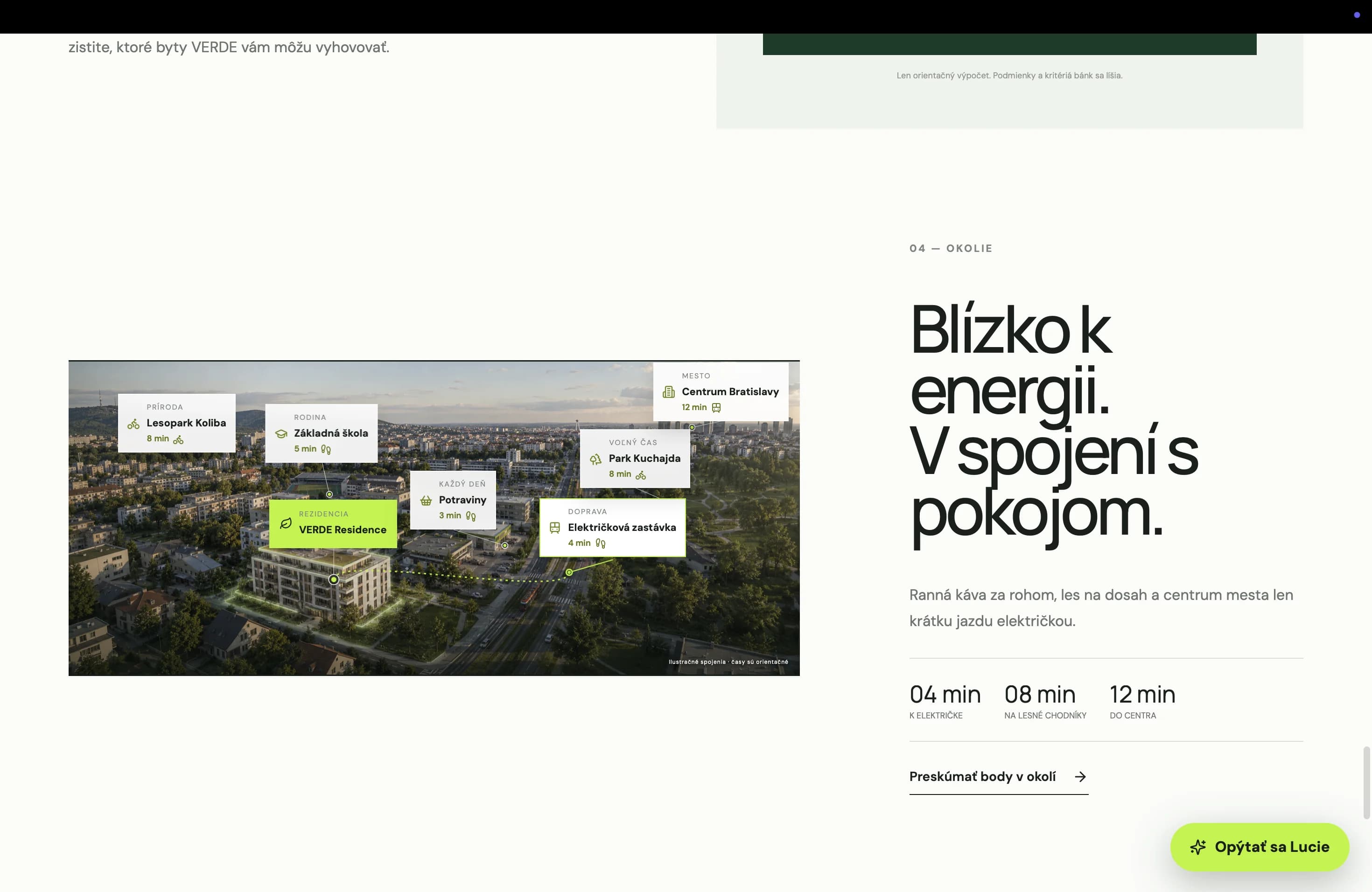 Prezentácia lokality VERDE Residence s časmi dostupnosti dôležitých miest