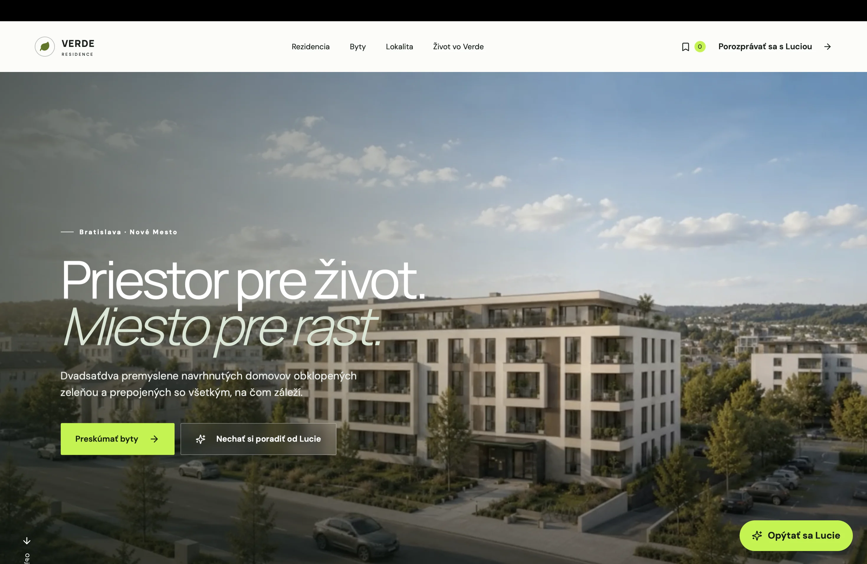 Úvodná obrazovka webu VERDE Residence s jasnou ponukou a výberom bytov
