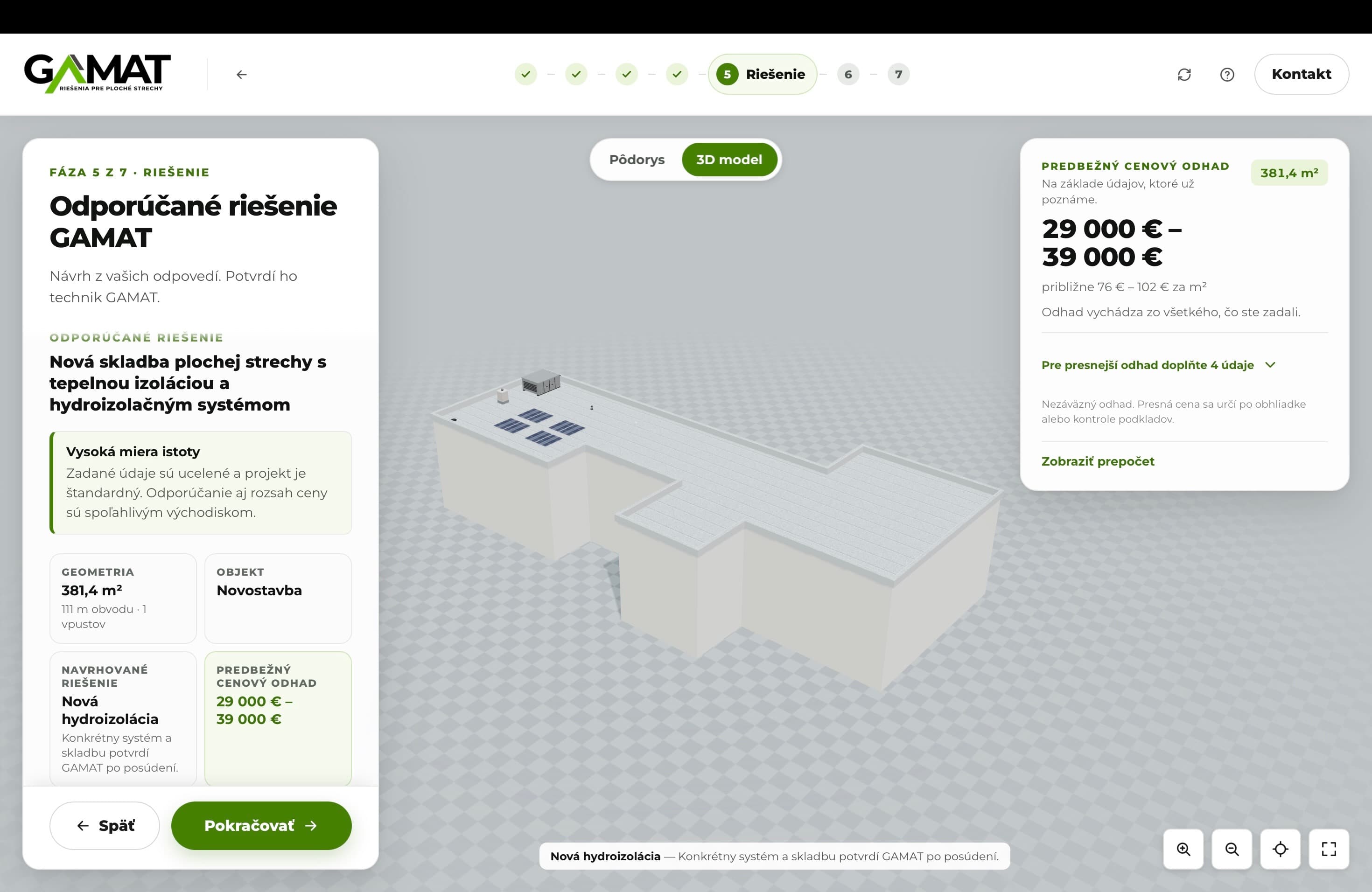 Konfigurátor plochej strechy GAMAT s odporúčanou skladbou, 3D modelom a cenovým odhadom