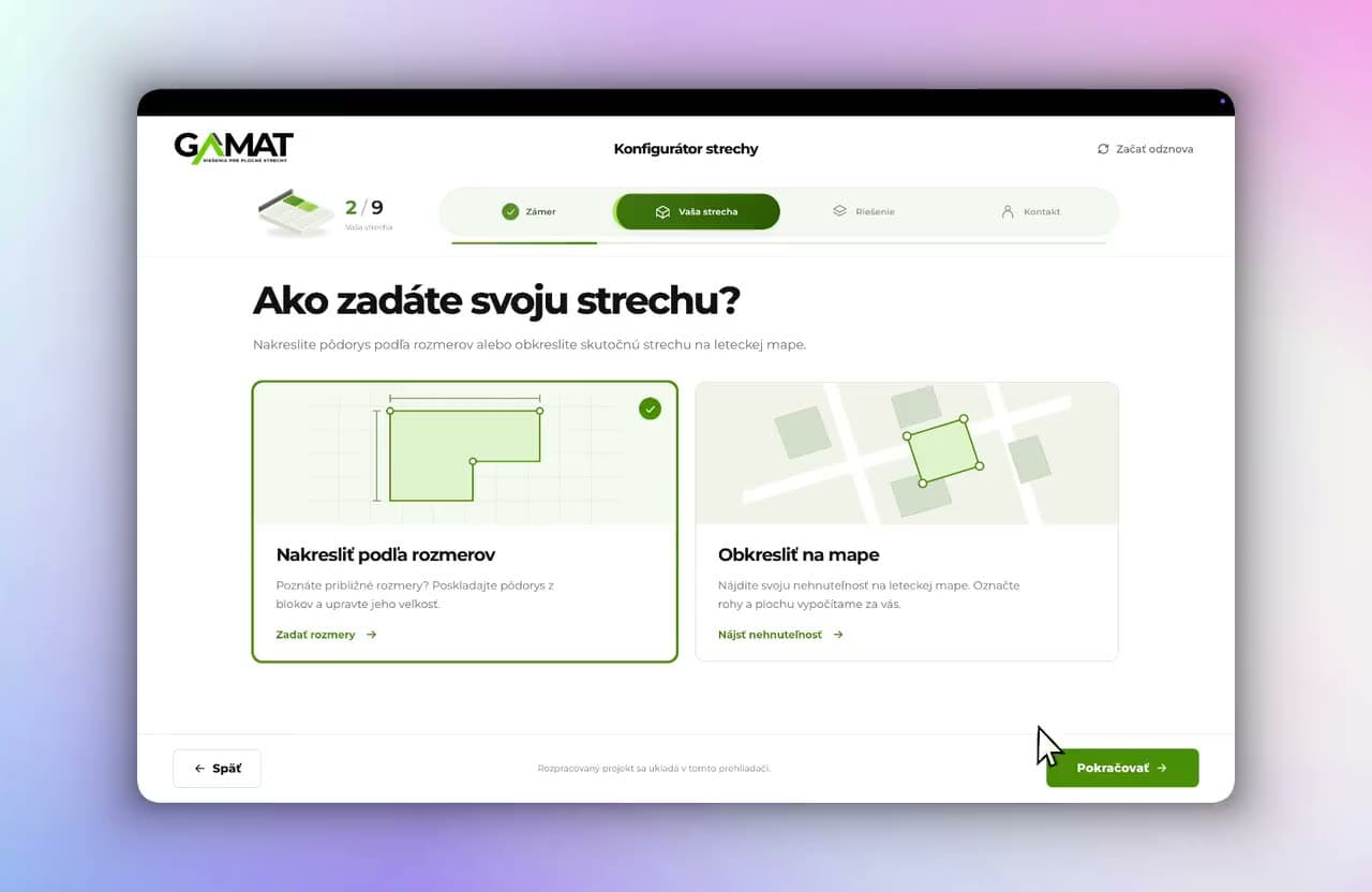 Konfigurátor plochej strechy GAMAT zobrazený na tablete