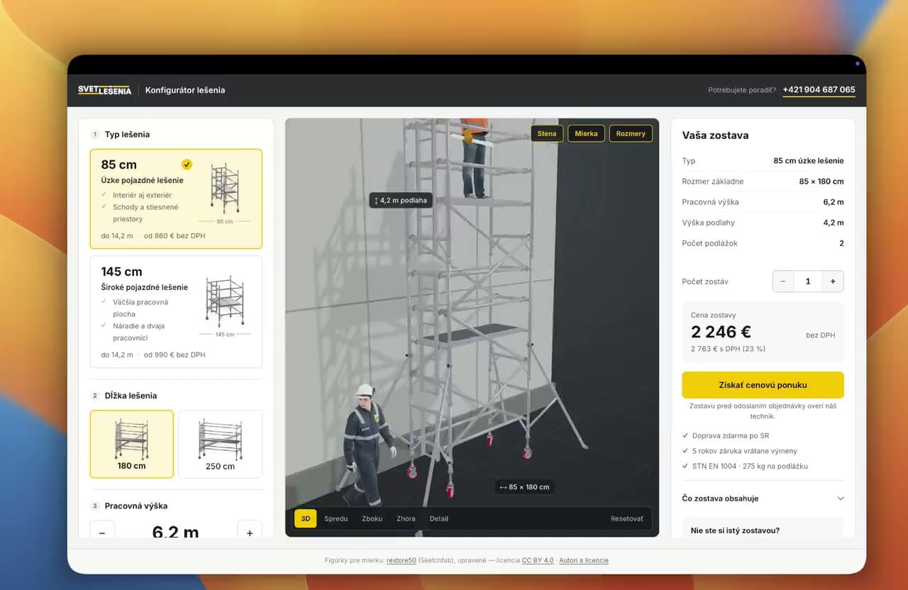3D konfigurátor lešenia SvetLešenia zobrazený na monitore